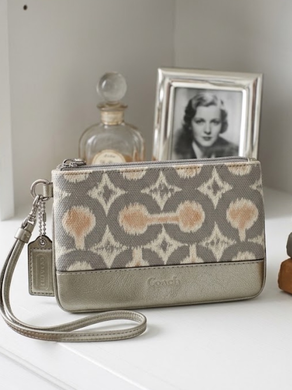 Coach Canvas & Leather Wristlet in Gray and Beige W/ shimmer accents NWOT